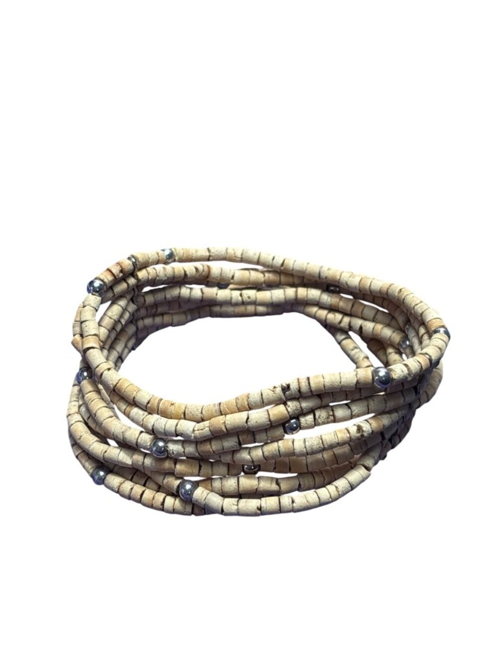 Wooden Beaded Stretchy Bracelet Silvertone Beads 7.5 inches Unstretched